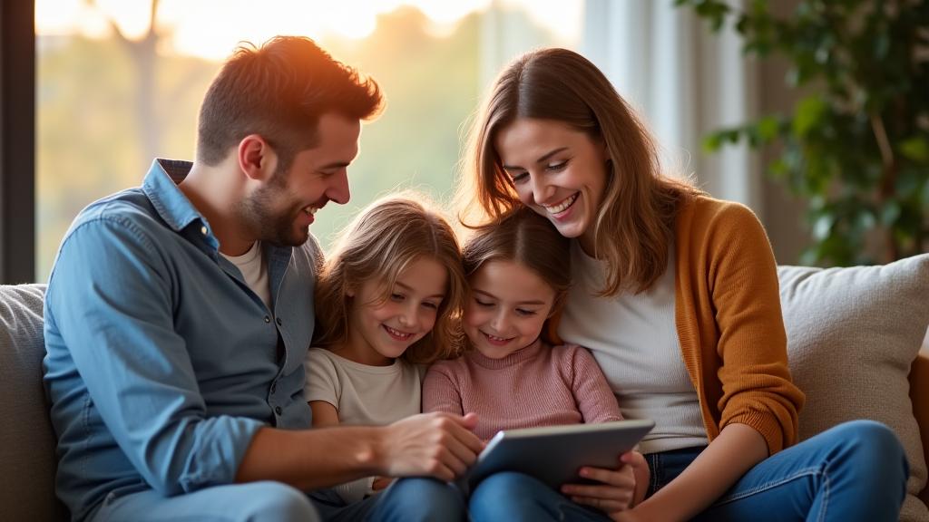 Familia moderna, activa y feliz en un entorno urbano, equilibrando trabajo y tiempo de calidad con ayuda de la tecnología, colores cálidos